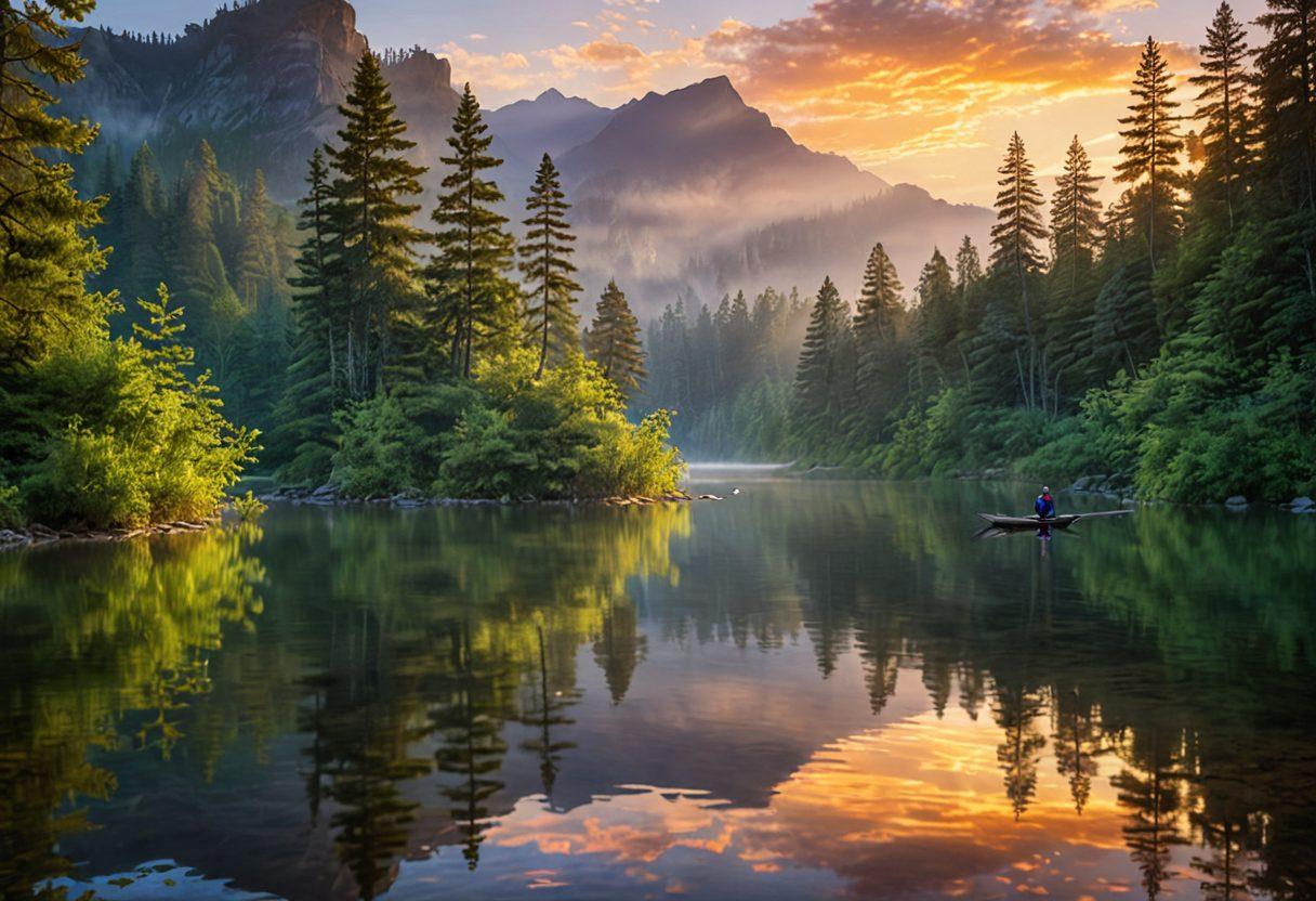 A serene landscape featuring a tranquil lake surrounded by lush greenery and mountains in the distance, with a person meditating peacefully on a smooth rock by the water's edge. Soft sunlight filters through the trees, creating a warm and calm atmosphere. Gentle ripples on the water reflect the vibrant colors of the sunset. Ethereal mist rises from the lake, enhancing the sense of inner peace and contentment. super-realistic. vibrant colors. serene atmosphere.