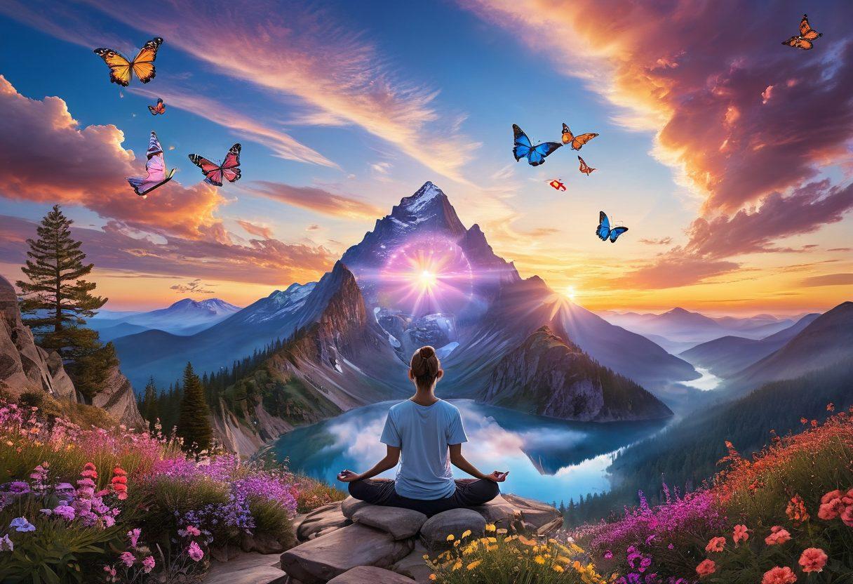 A serene landscape depicting an individual meditating atop a mountain during sunrise, surrounded by soft glowing orbs representing positive thoughts. Include elements of nature like blooming flowers and fluttering butterflies symbolizing emotional health and resilience. The sky showcases pastel colors merging into the horizon, reflecting tranquility and hope. super-realistic. vibrant colors. peaceful atmosphere.