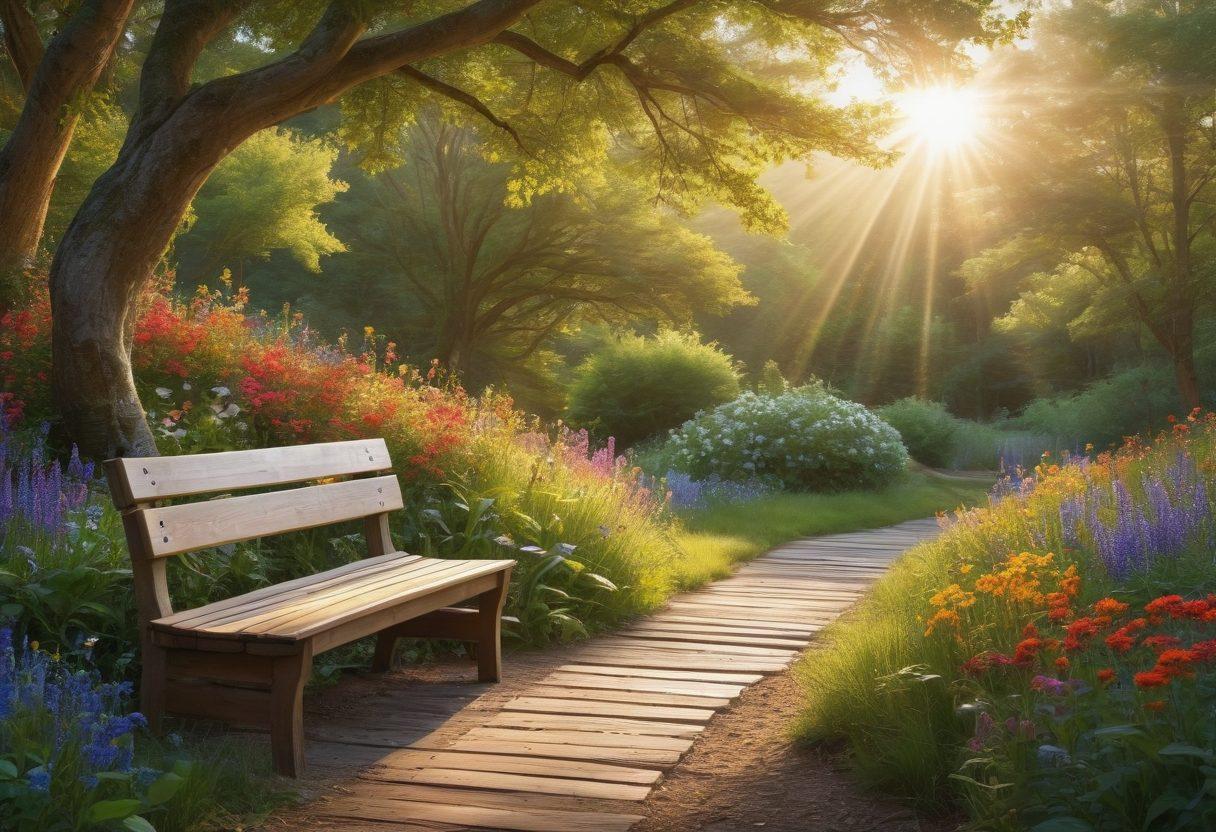 A serene landscape featuring a sunlit path winding through a lush, green forest, with vibrant wildflowers alongside the trail. Include an inviting bench under a blossoming tree, symbolizing reflection and peace. In the background, a radiant sunrise casts a warm glow, symbolizing hope and joy. The scene should evoke a sense of tranquility and inspiration. super-realistic. vibrant colors. peaceful ambiance.